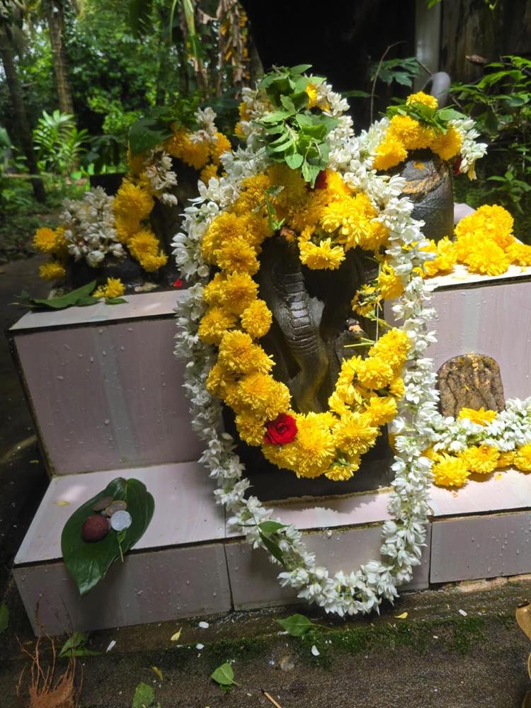 Garlanded naga stone beneath trees